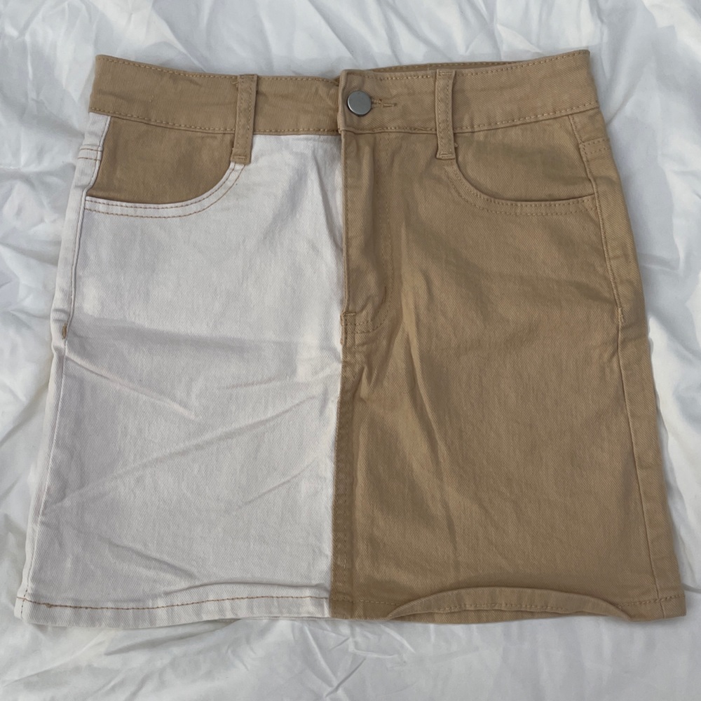 12th Tribe Color Block Tan and Cream Mini Denim Skirt